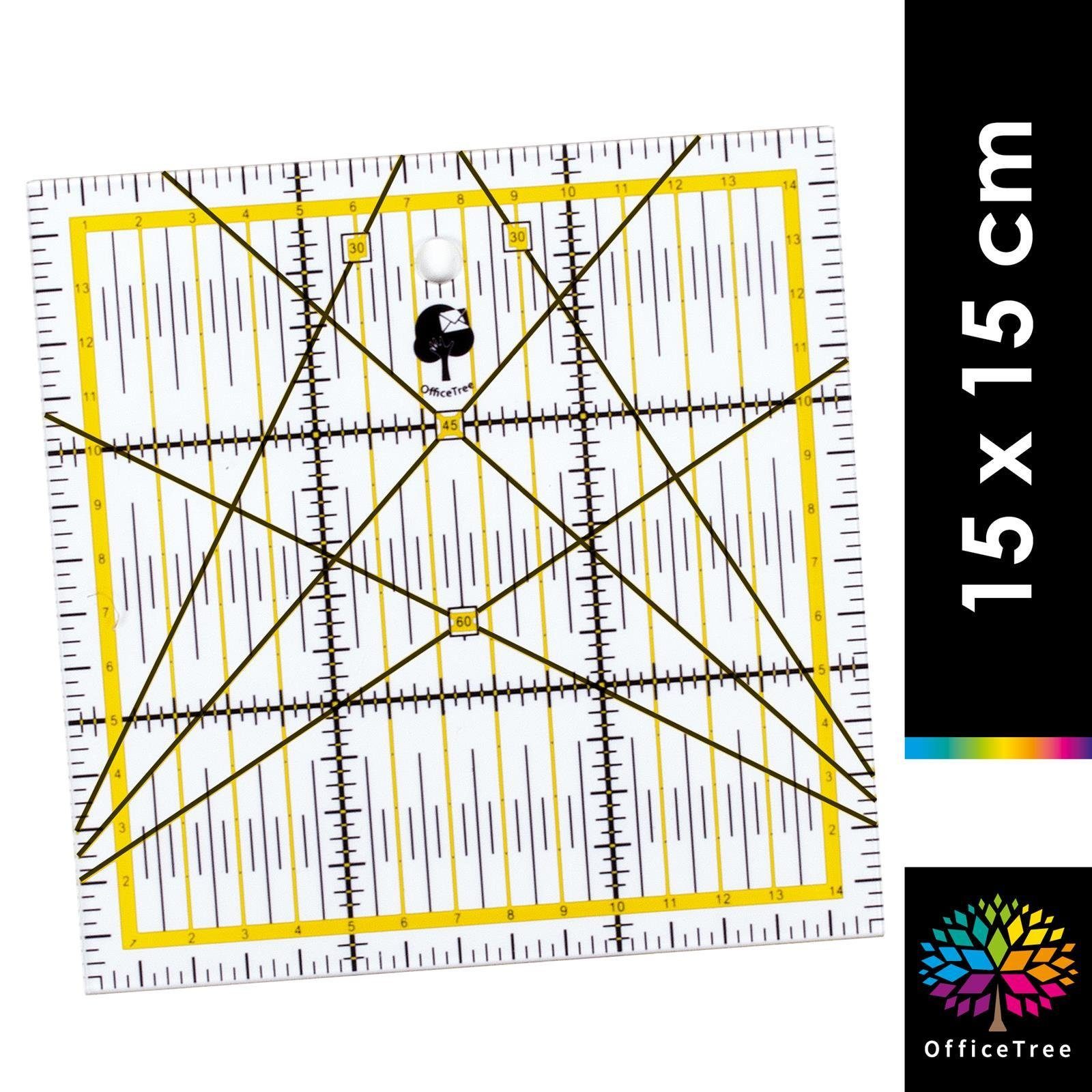 OfficeTree Lineal Schneiderlineal - 15x15 cm, Patchworklineal Lineal zum Nähen mit exakten Abmessungen und Zuschnitten