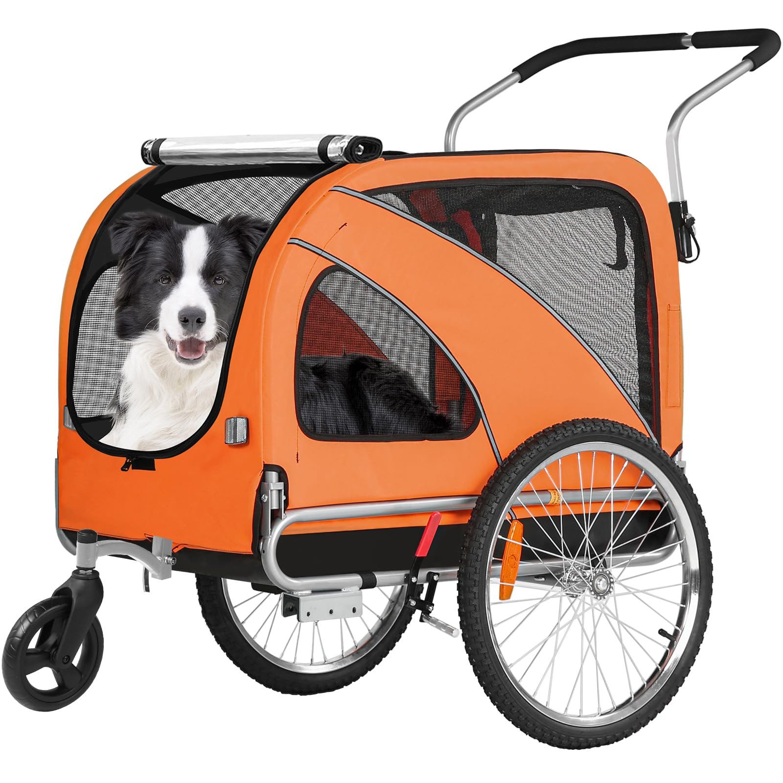 Fiximaster Fahrradhundeanhänger 2-in-1, Reflektoren und stabilem 600D Oxford-Gewebe, Orange, mit Handbremse und Reflektoren, Faltbares Design