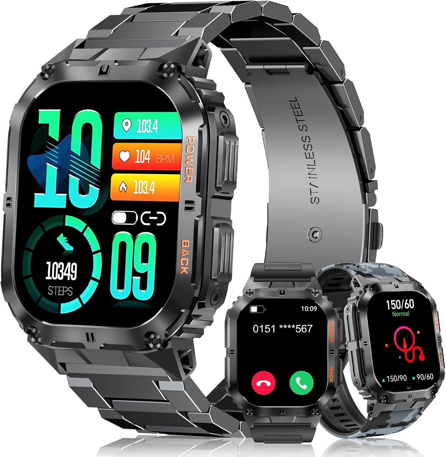 MEGALITH Smartwatch K61Pro Smartwatch (4,9 cm, android ios), Smartwatch für Herren mit 1 96 Zoll Display 3 Armbänder Outdoor Uhr