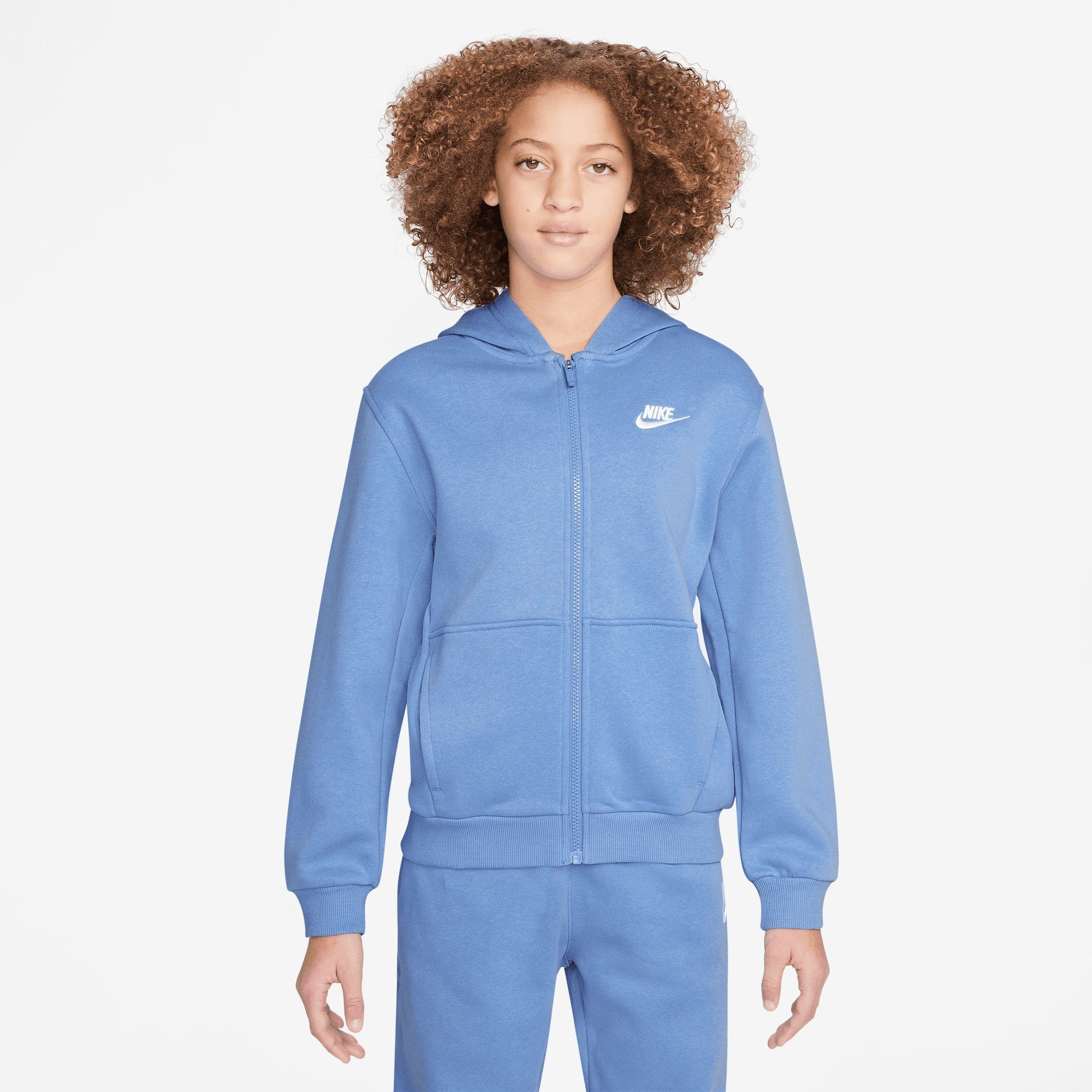 BIG HOODIE KIDS' Kapuzensweatjacke FLEECE Nike FULL-ZIP CLUB POLAR/WHITE Sportswear