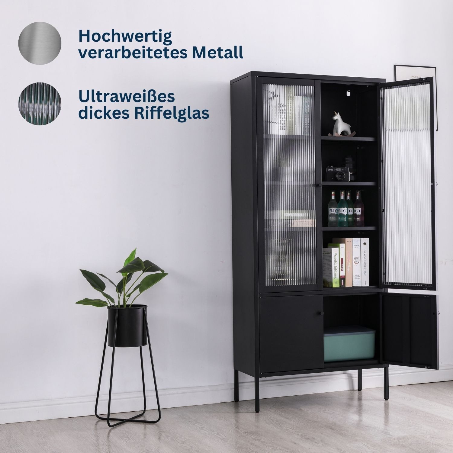 Coemo Standvitrine TOKIO Schwarz Vitrinenschrank Glastüren Metalltüren Vitrine modern H: 180 cm