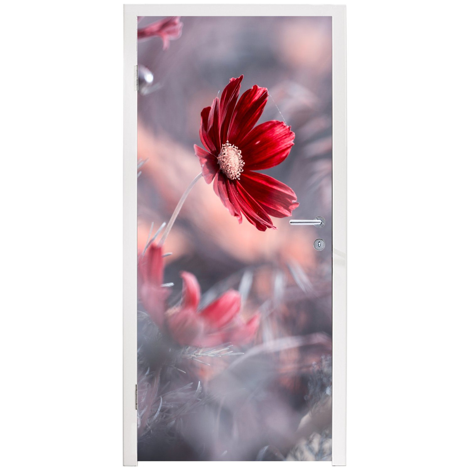 Matt, - - MuchoWow Türaufkleber, für Türtapete 75x205 cm Natur Fototapete Rot St), bedruckt, (1 Pflanzen, - Tür, Blumen