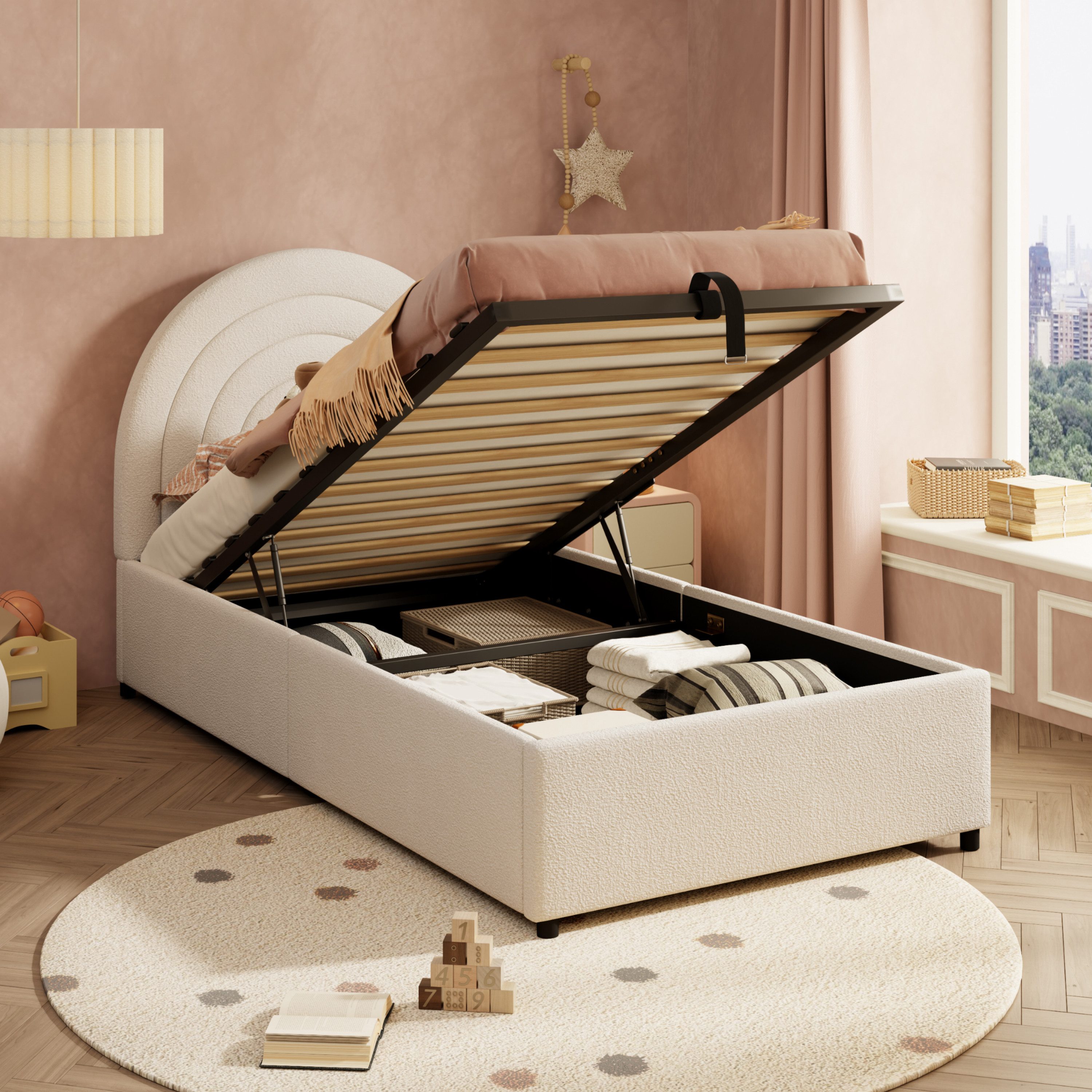 MODFU Polsterbett Stauraumbett Kinderbett mit gepolstertem Kopfteil (Einzelbett, Jugendbett, 1-tlg., 90*200 cm, ohne Matratze, Boucle), mit hydraulischem Stauraum und geräuschdämpfenden Füßen