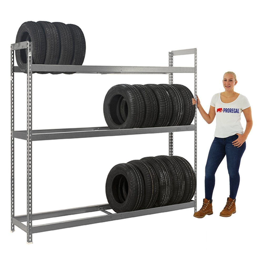 PROREGAL® Regal Reifenregal Big MetalShark No. 6, HxBxT 200x120x45cm, Verzinkt, 3 Ebenen, 300kg Fachlast pro Ebene, bis zu 24 Reifen, Metall, einfache Montage