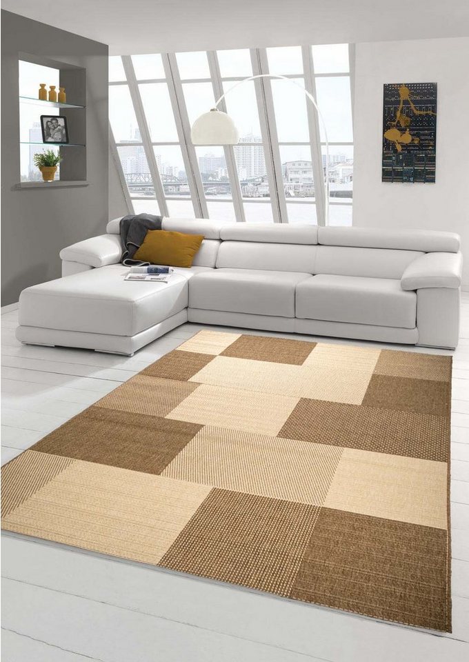 Outdoorteppich Teppich Modern Flachgewebe Kariert Sisal Optik Küchenteppich  Küchenläufer Karo Design Braun Beige, Teppich-Traum, rechteckig, Höhe: 5 mm