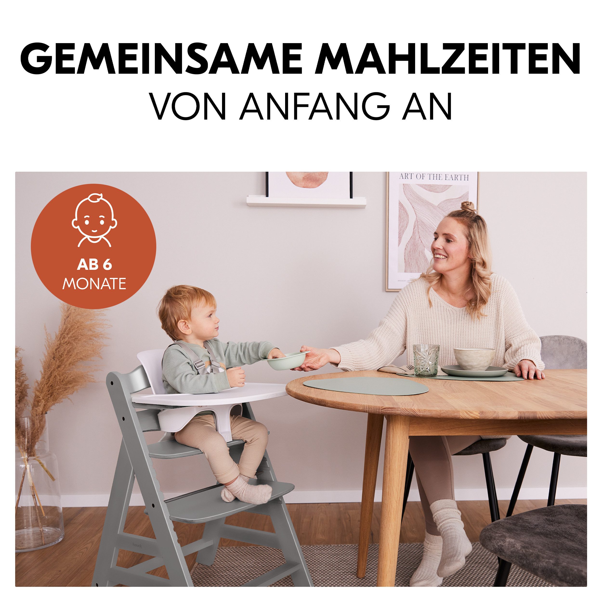Hauck Hochstuhl Alpha Plus Grey, Holz Baby Kinderhochstuhl mit Tablett Click Tray, Baby-Sitz & Sitzpad