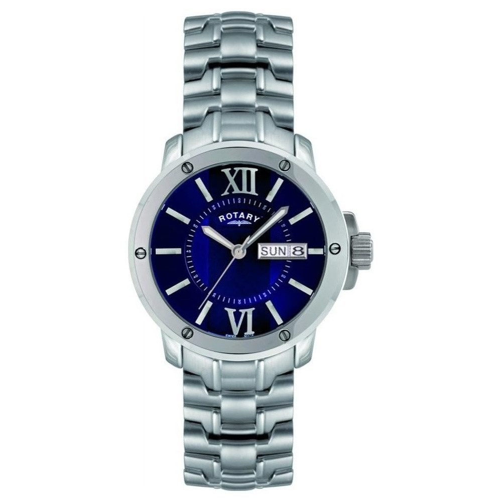 ROTARY Quarzuhr Herren Edelstahl blaues Zifferblatt römisch Wochentag Datum GB02829/05, Schraubkrone durch Gehäuseflanken geschützt