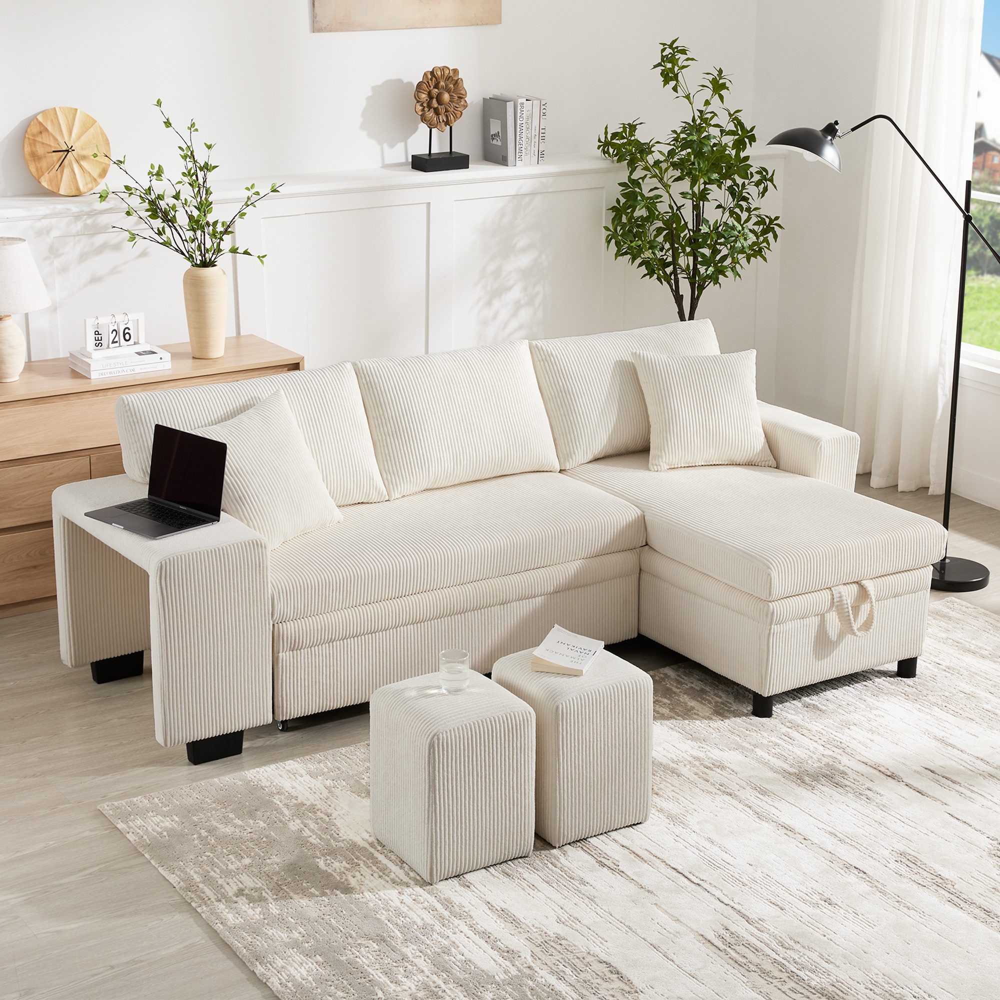 STILVORA Ecksofa Klappsofa mit Schlaffunktion,L-förmiges umbaubares Sofa mit USB&Kissen, Freizeitsofa, 3-Sitzer-Umbausofa mit Seitenablagen und Stauraum