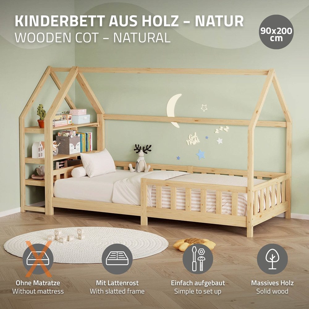ML-DESIGN Spielbett Hausbett Kinderbett inkl. Lattenrost und Regal Bodenbett für Kinder, Abenteuerbett ohne Matratze 90x200cm Holzbett Natur Kiefer Bettgestell