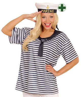 Karneval-Klamotten Kostüm Matrosin Damen Matrose T Shirt mit Matrosenmütze, blau-weiß gestreiftes Oberteil mit Mütze und Kragen