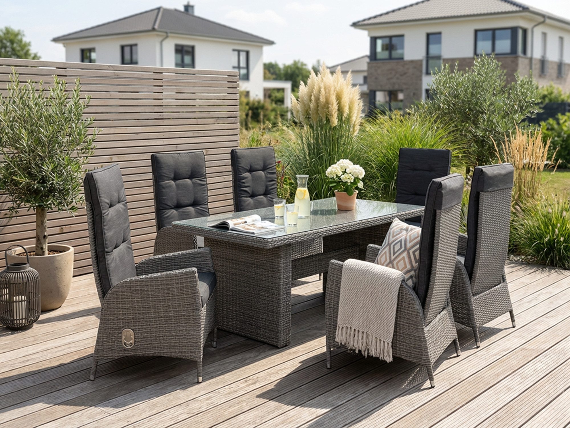 KONIFERA Garten-Essgruppe Brisbane, (Set, 13-tlg., 6 Sessel, Rückenlehne verstellbar, inkl. Auflagen, Tisch 92x192x74 cm), Aluminium/Polyrattan, Tischplatte aus Stone-Spray-Glas in Steinoptik