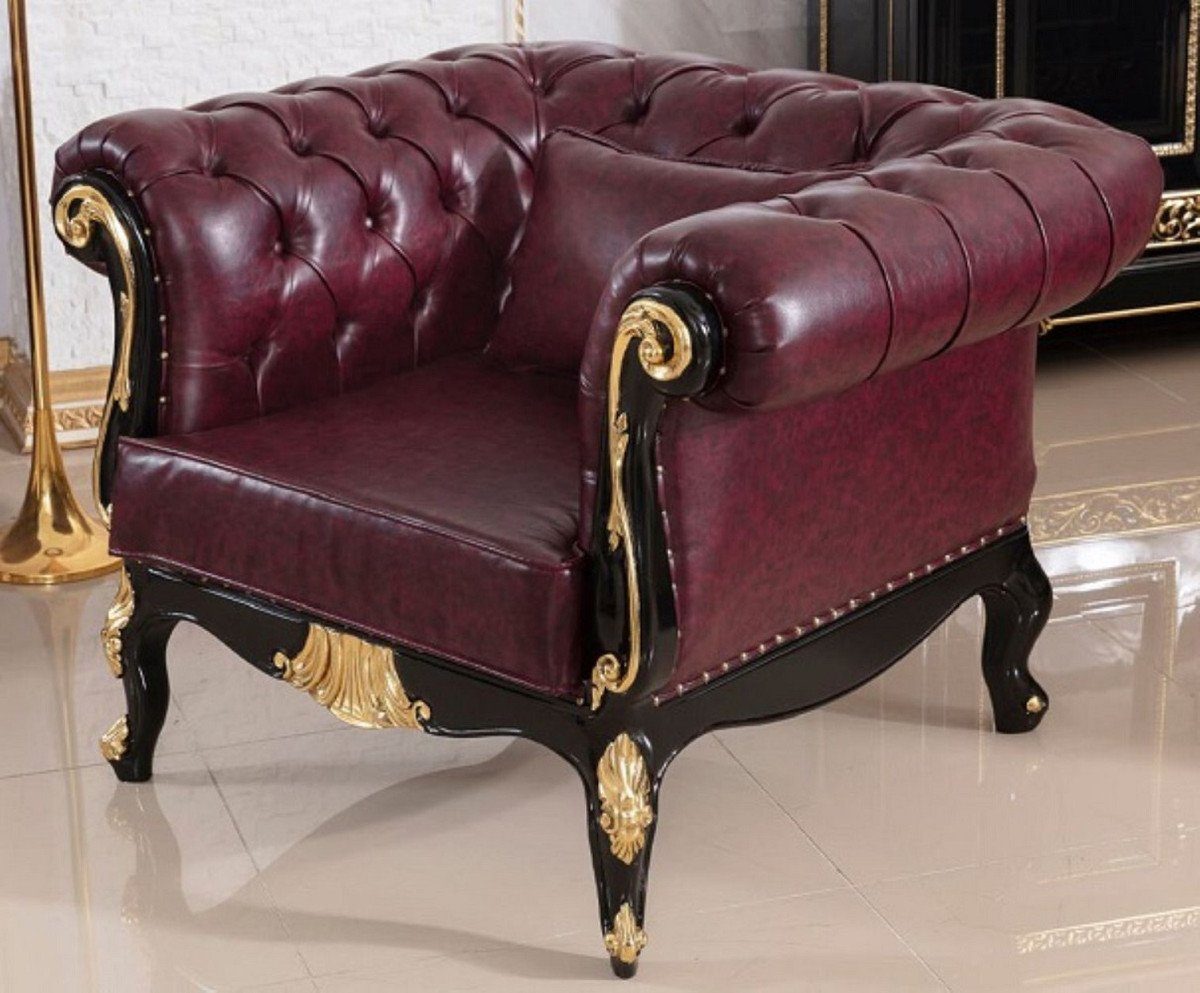 Casa Padrino Sessel Casa Padrino Luxus Barock Chesterfield Leder Sessel Bordeauxrot / Schwarz / Gold - Prunkvoller Echttleder Wohnzimmer Sessel - Luxus Wohnzimmer Möbel im Barockstil - Barock Leder Möbel