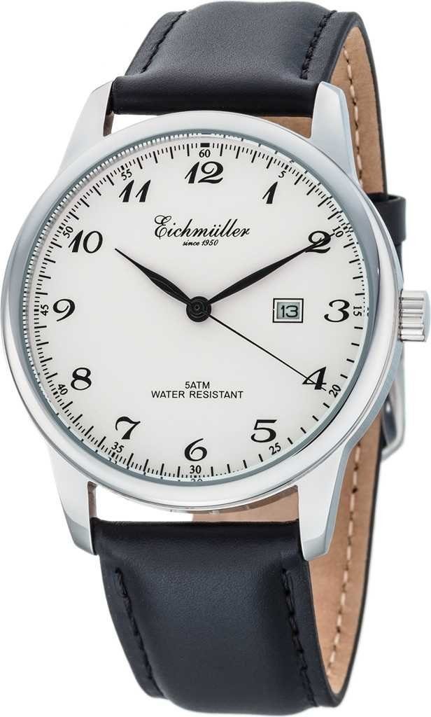 Eichmüller Quarzuhr Herrenuhr RE1063 Edelstahl altweiss-schwarz Lederband 42 mm