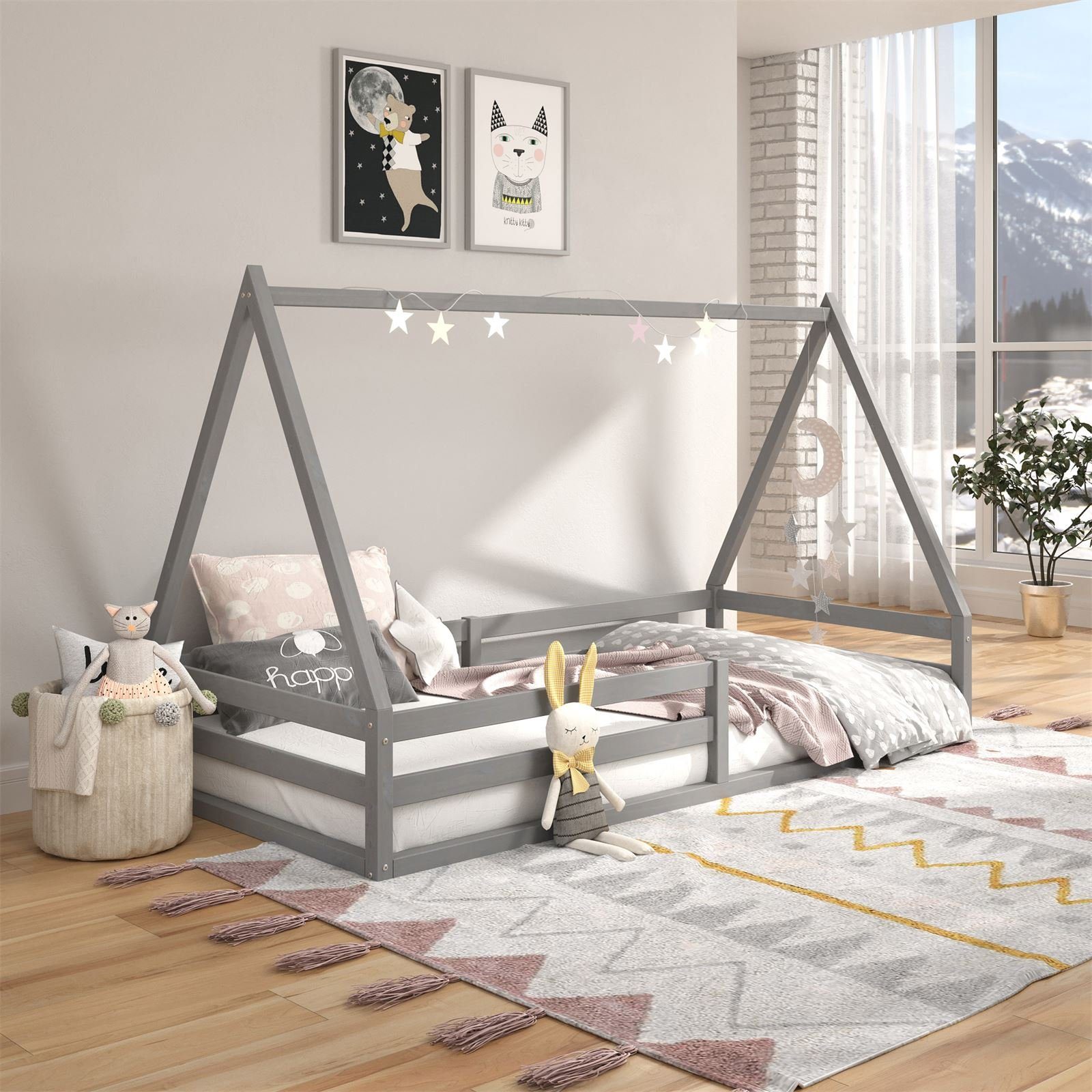 Hausbett Bett Tipi Bett 90 200 IDIMEX grau Tipibett Kinderbett Kinderbett Kiefer Montessori x SILA,