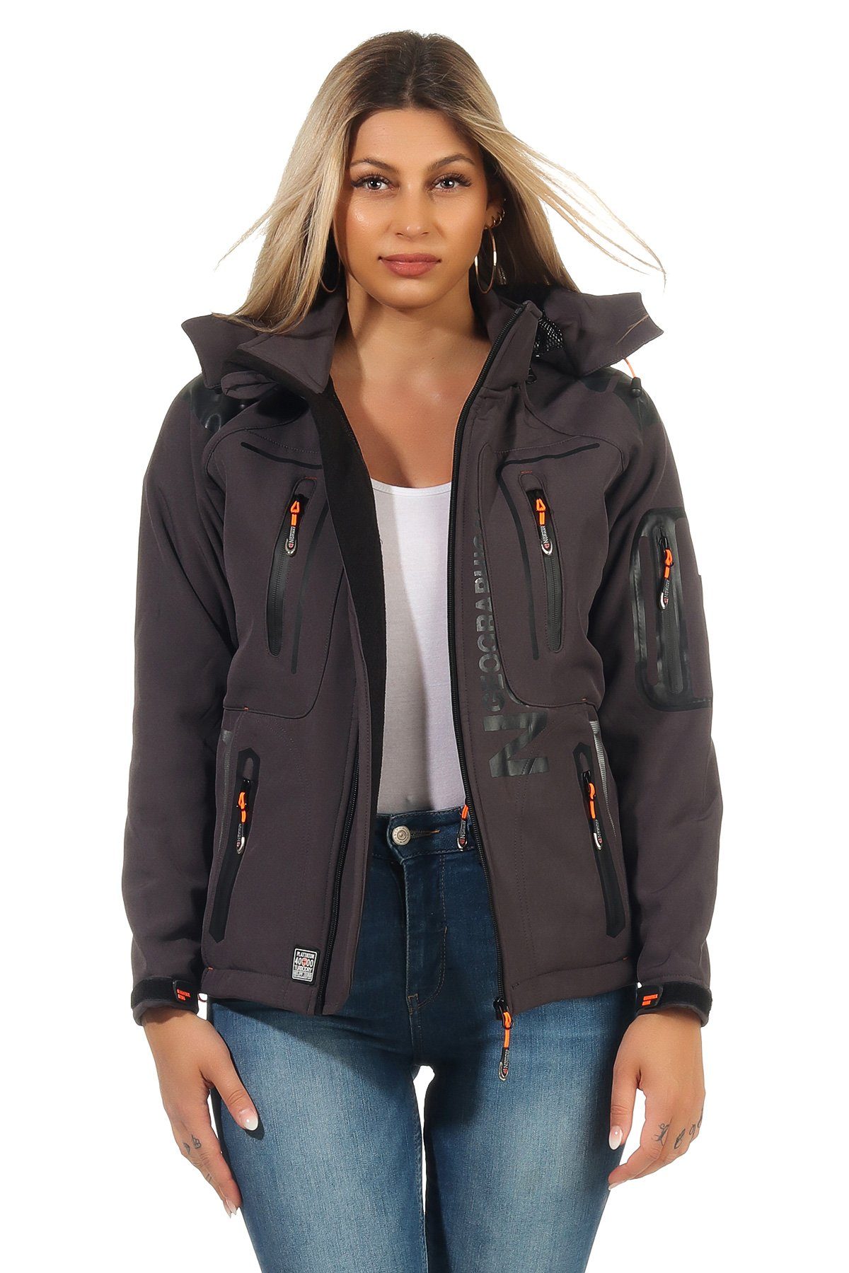 Geographical Norway Softshelljacke Geographical Norway Damen Softshell Outdoor Wander Sport Jacke in Unifarbe, mit abnehmbarer Kapuze, mit Stehkragen