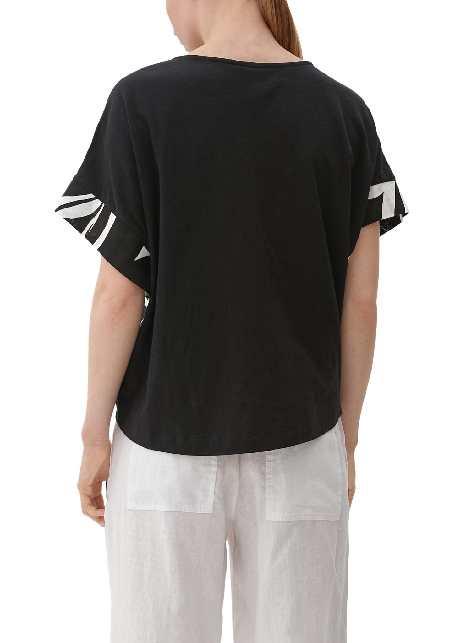 Blusenshirt schwarz Kurzarmshirt mit s.Oliver Leinen-Front