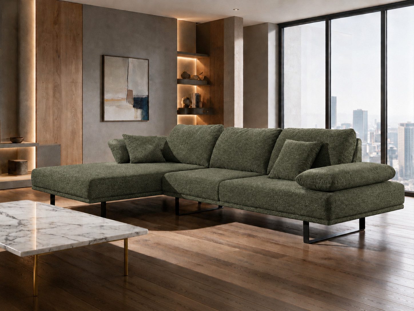Möbeldreams Ecksofa Oss 315x168 cm mit Ottomane, verstellbaren Armlehnen, 1 Teile, Wohnlandschaft eckcouch Grün mit großen Rückenkissen und Schwarzfüßen