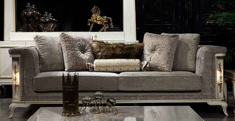 Casa Padrino Sofa Luxus Barock Sofa Grau / Weiß / Gold - Beleuchtetes Wohnzimmer Sofa im Barockstil - Barock Wohnzimmer Möbel - Edel & Prunkvoll