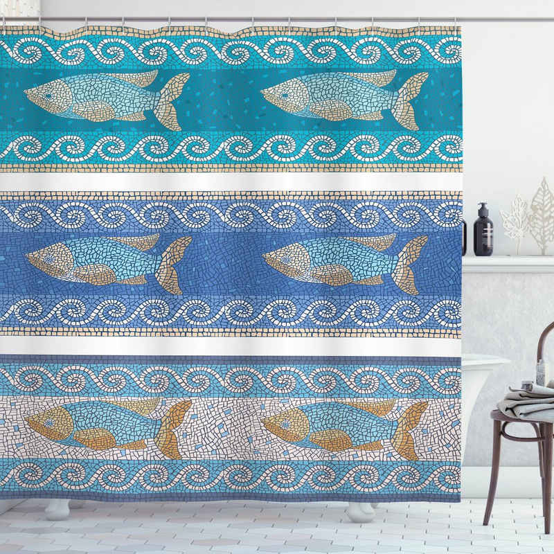 Abakuhaus Duschvorhang Moderner Digitaldruck mit 12 Haken auf Stoff Wasser Resistent Breite 175 cm, Höhe 180 cm, Mosaik Marine-Art-Muster