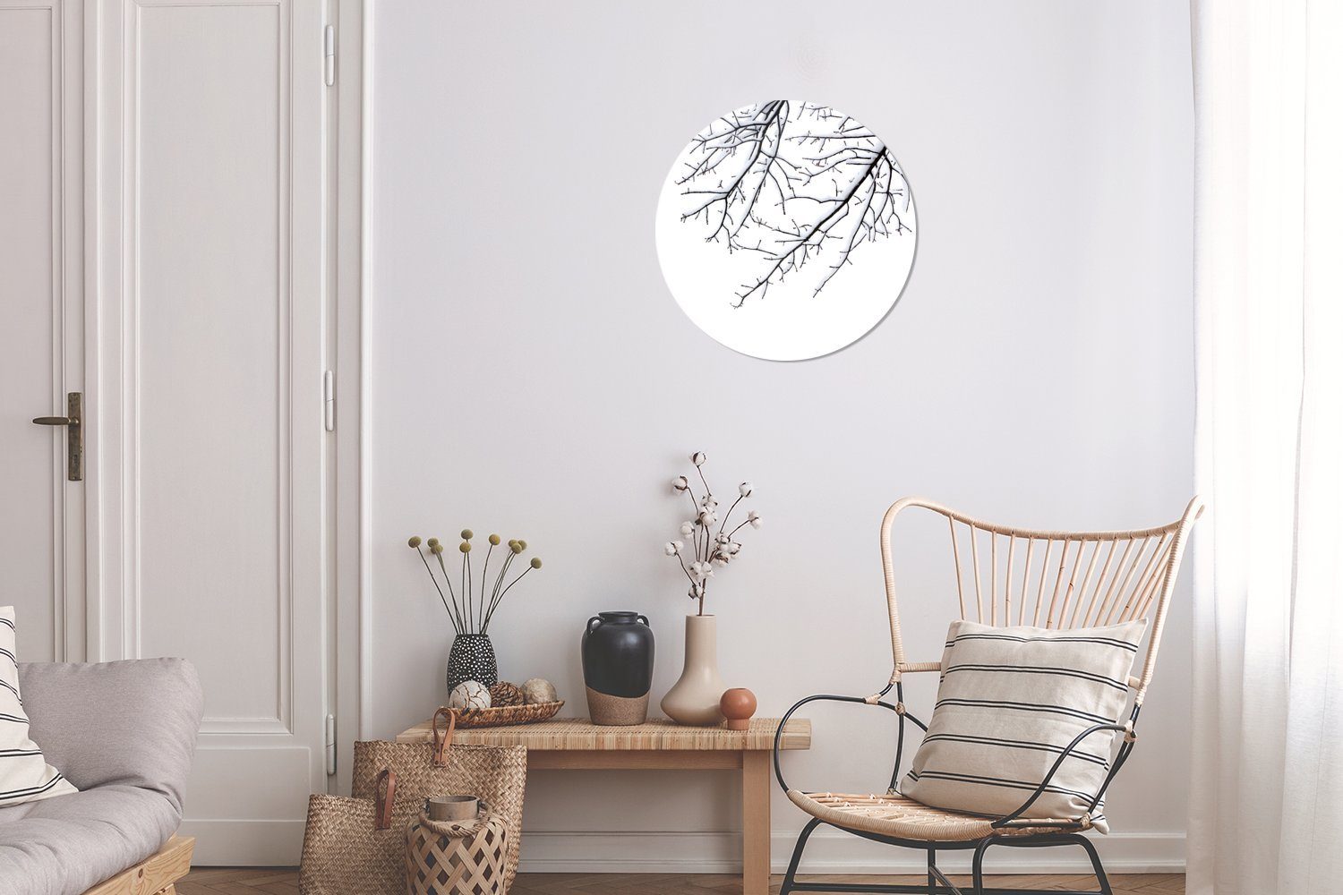 Rundes Wandbild, Kreis Forex, 30x30 Gemälde cm Schnee, mit St), Wanddekoration Zweige (1 Wohnzimmer, MuchoWow