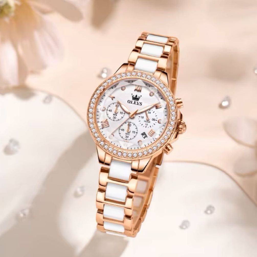 OLEVS Quarzuhr Olevs 9999 Uhr Keramik Luxus Damen Zifferblatt weiß 3tlg Geschenkbox 9999-W, (Geschenkbox 3 tlg)