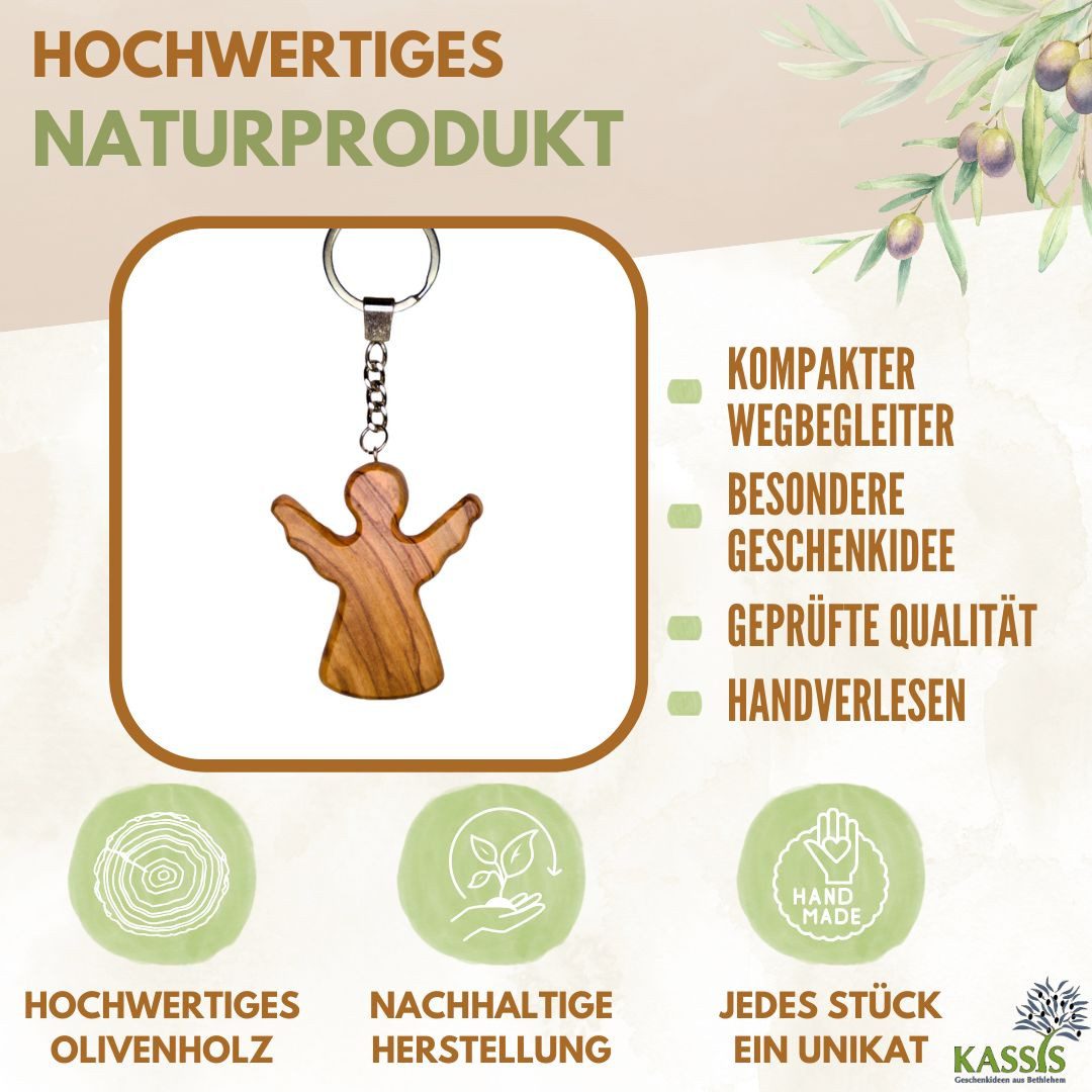 Kassis Geschenkartikel Schlüsselanhänger Schlüsselring mit Schutzengel aus Olivenholz Talisman Glücksbringer, Hergestellt in Bethlehem, Geschenk zu mehreren Anlässen