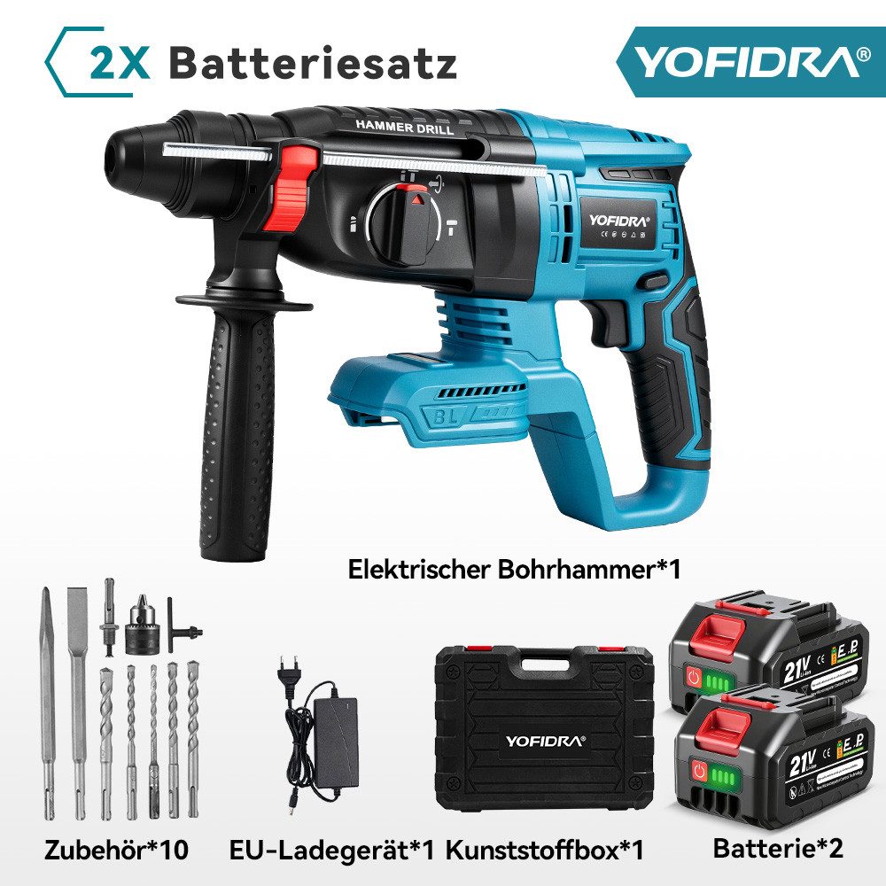 Yofidra Akku-Bohrhammer SDS-plus Schlaghammer mit 2,1J Schlagenergie & 2x Akku, Bürstenloser Bohrhammer für Profis und Heimwerker