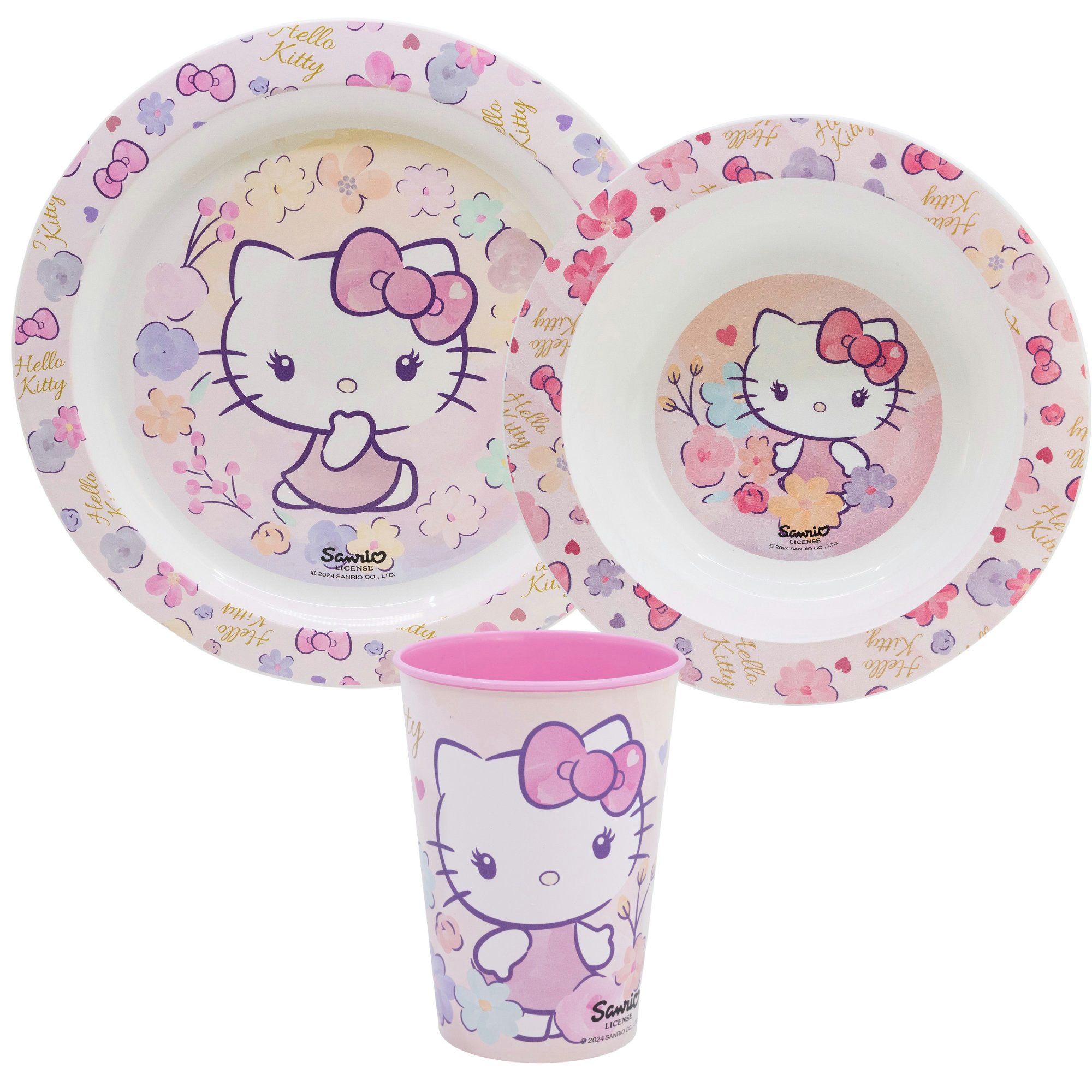 Hello Kitty Kindergeschirr-Set Hello Kitty Kinder Geschirr-Set 3 teilig Becher Teller Schüssel (3-tlg), 1 Personen