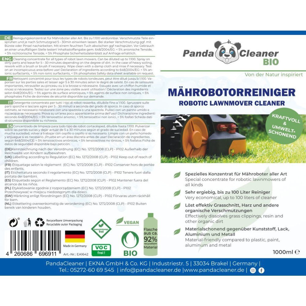 PandaCleaner Rasenmähroboter Reiniger - Rasenmäher Reinigungsmittel Reinigungskonzentrat (1l)
