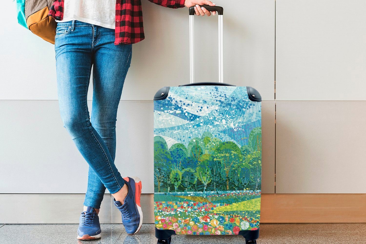 Handgepäckkoffer Reisekoffer Reisetasche Blumenfeld mit von Wald, MuchoWow für Illustration rollen, Ferien, 4 und Trolley, Handgepäck Abstrakte Rollen,