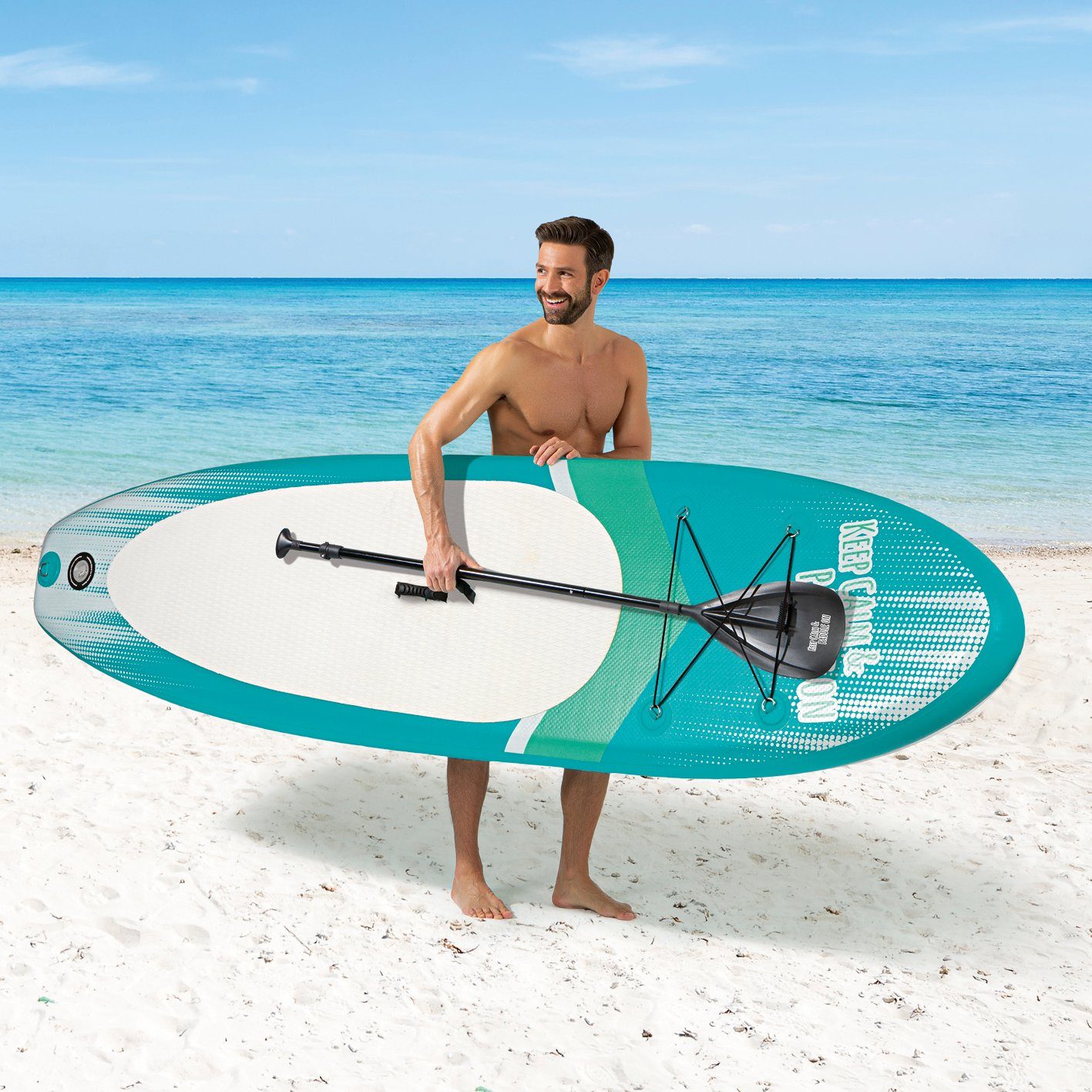 MAXXMEE Inflatable SUP-Board inkl. SUP türkis/weiß up 110 Stand-Up Komplett kg, Stand Board Zubehör, cm, Set Paddel Paddle-Board Paddling 300