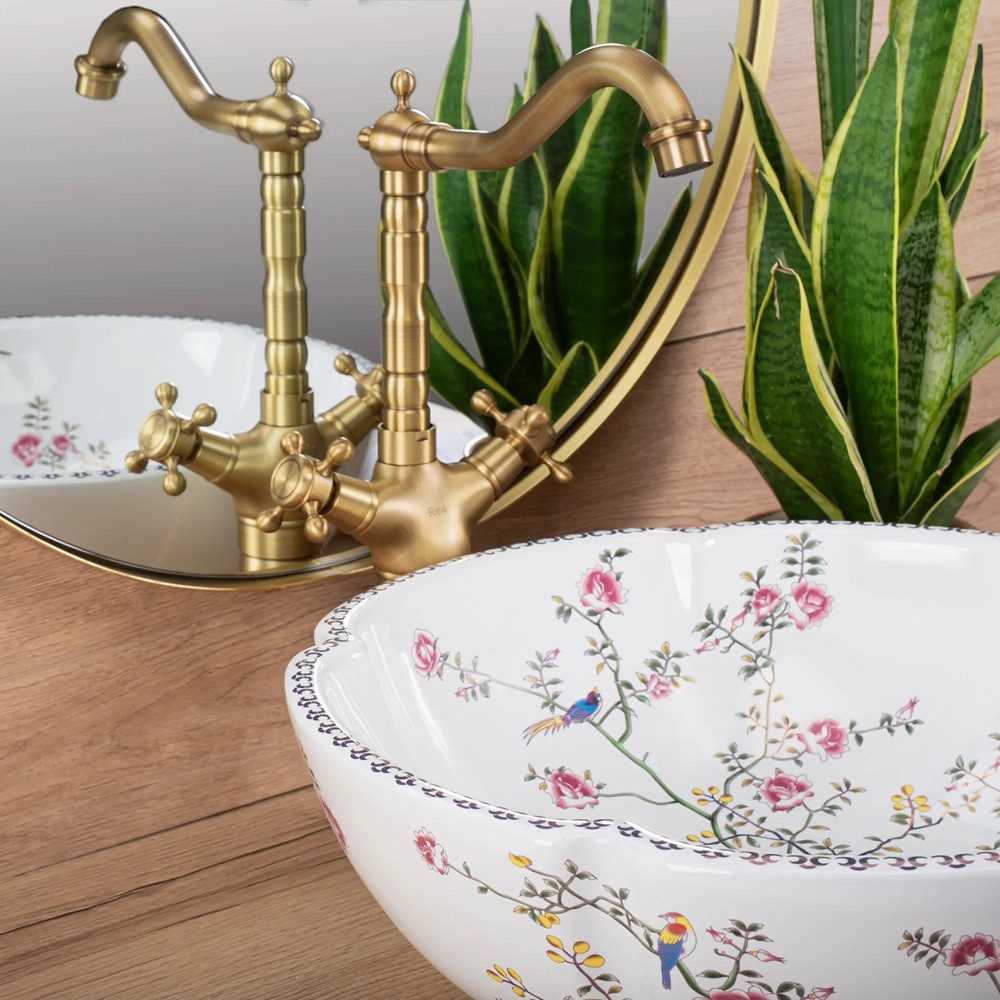wohnwerk.idee Aufsatzwaschbecken Waschbecken Rund Blumen Weiß günstig online kaufen