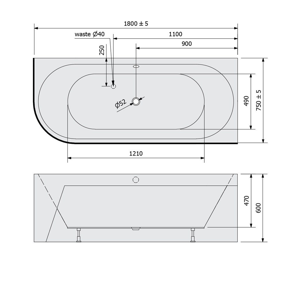 Polysan s.r.o. Badewanne VIVA R MONOLITH asymmetrische Badewanne 180x75x60cm, weiß/schwarz, (1-tlg)