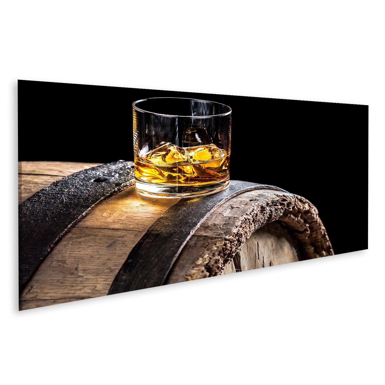 Leinwandbild Bild auf Leinwand Glas Whisky-Eis Altes Eichenfass Isoliert Schwarzer