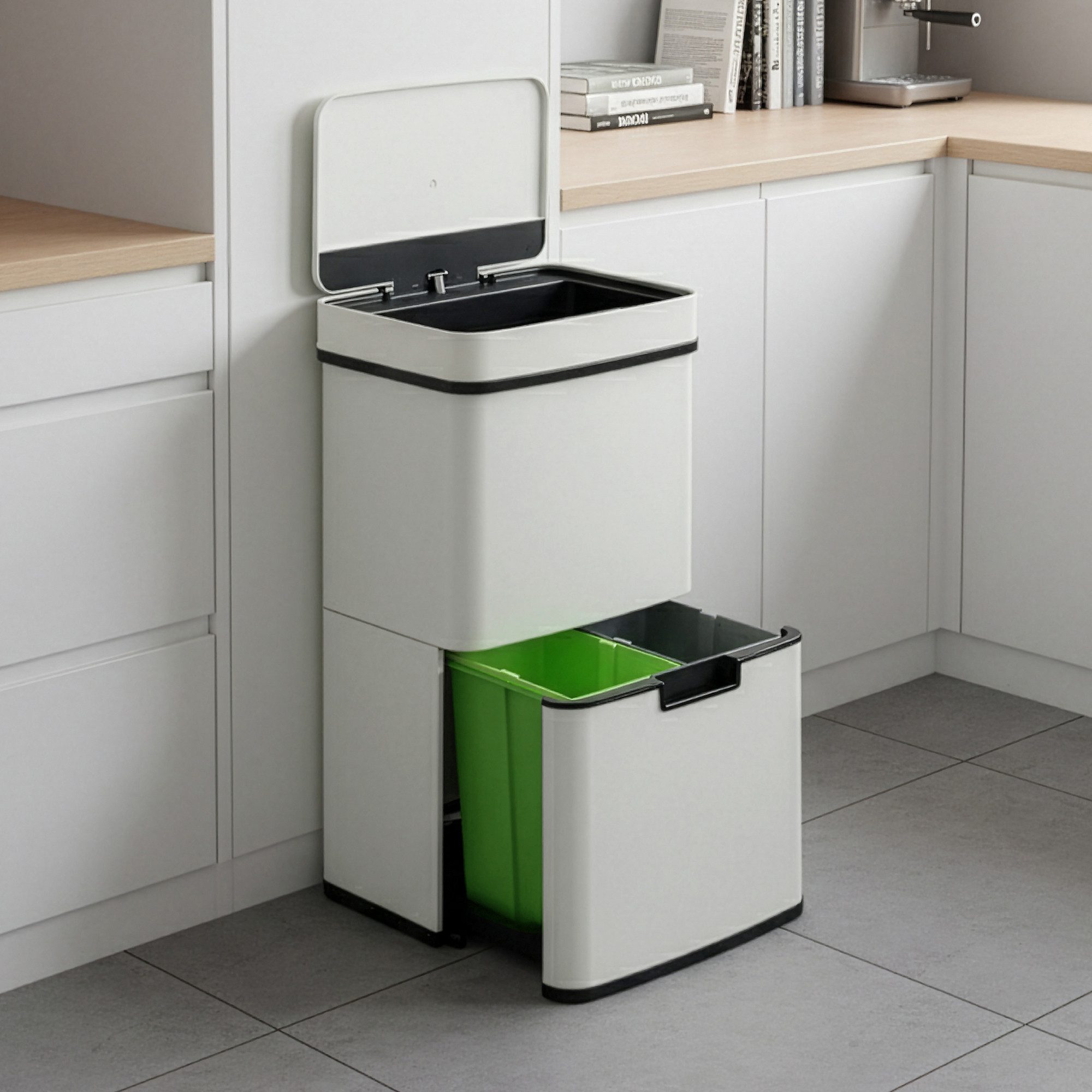 en.casa Mülleimer, »Venna« Edelstahl mit 3 Fächern Beige 62 L