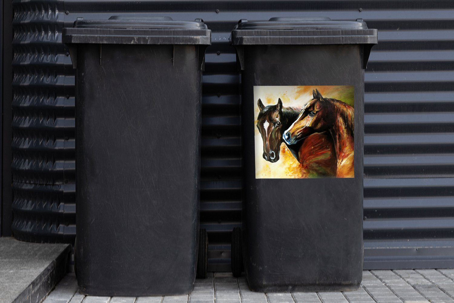 - MuchoWow (1 - Tiere Malerei Sticker, St), Mülleimer-aufkleber, Mülltonne, - Container, Pferde Ölgemälde Abfalbehälter Wandsticker
