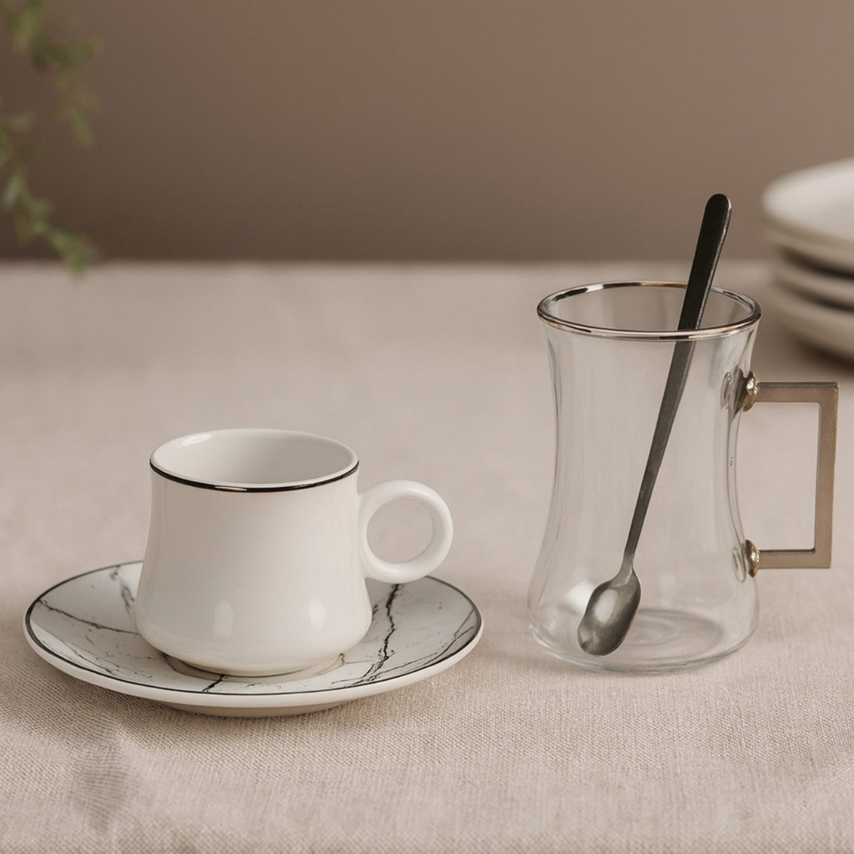Bricard Teeglas -Espresso Set 24 teilig Weiß Silber inkl. Löffel und Untertasse