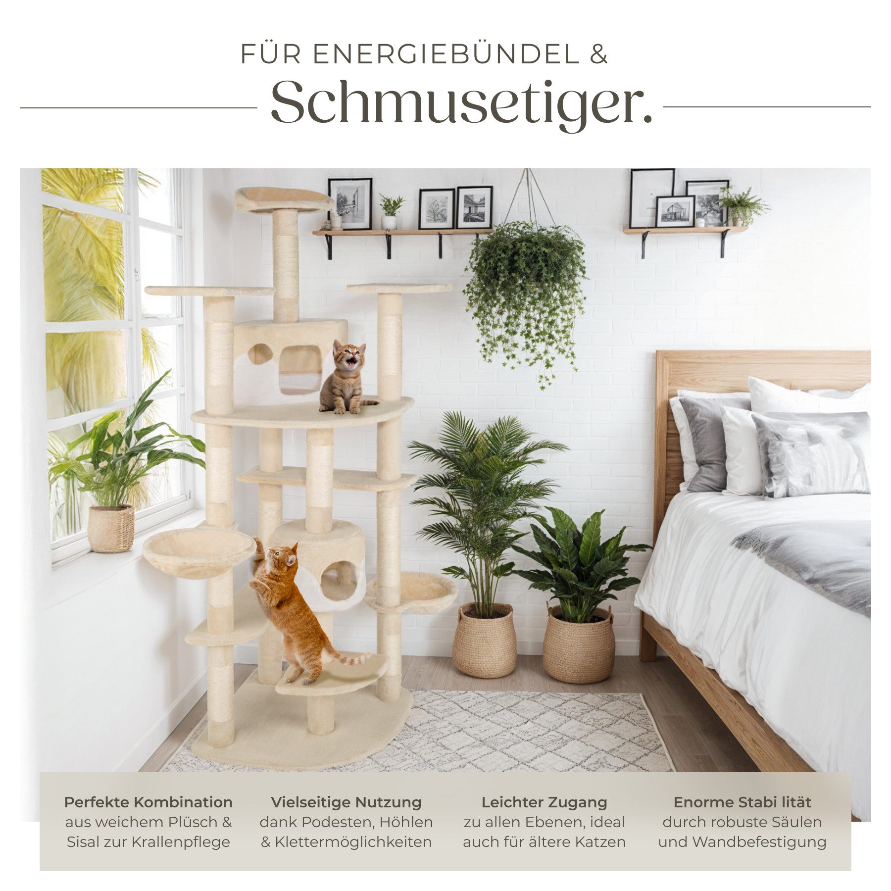 tectake Kratzbaum Katzenbaum Fippi 201 cm Diverse Farben beige-Weiss, Vielseitig mit robusten Sisalstangen und Plüschoberfläche