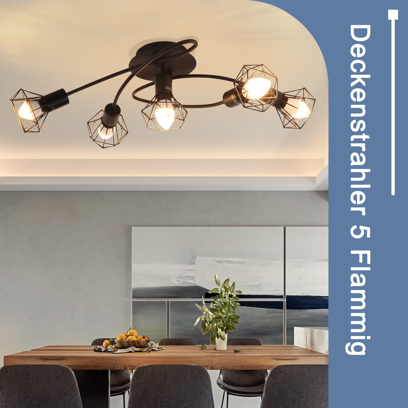 Nettlife Deckenstrahler Wohnzimmer Vintage Schwarz 1/2/3/4/5 Flammig E14 Industrial, Schwenkbar 350°, LED wechselbar, drehbar für Wohnzimmer Flur Esszimmer und  – Bild 5 von 5