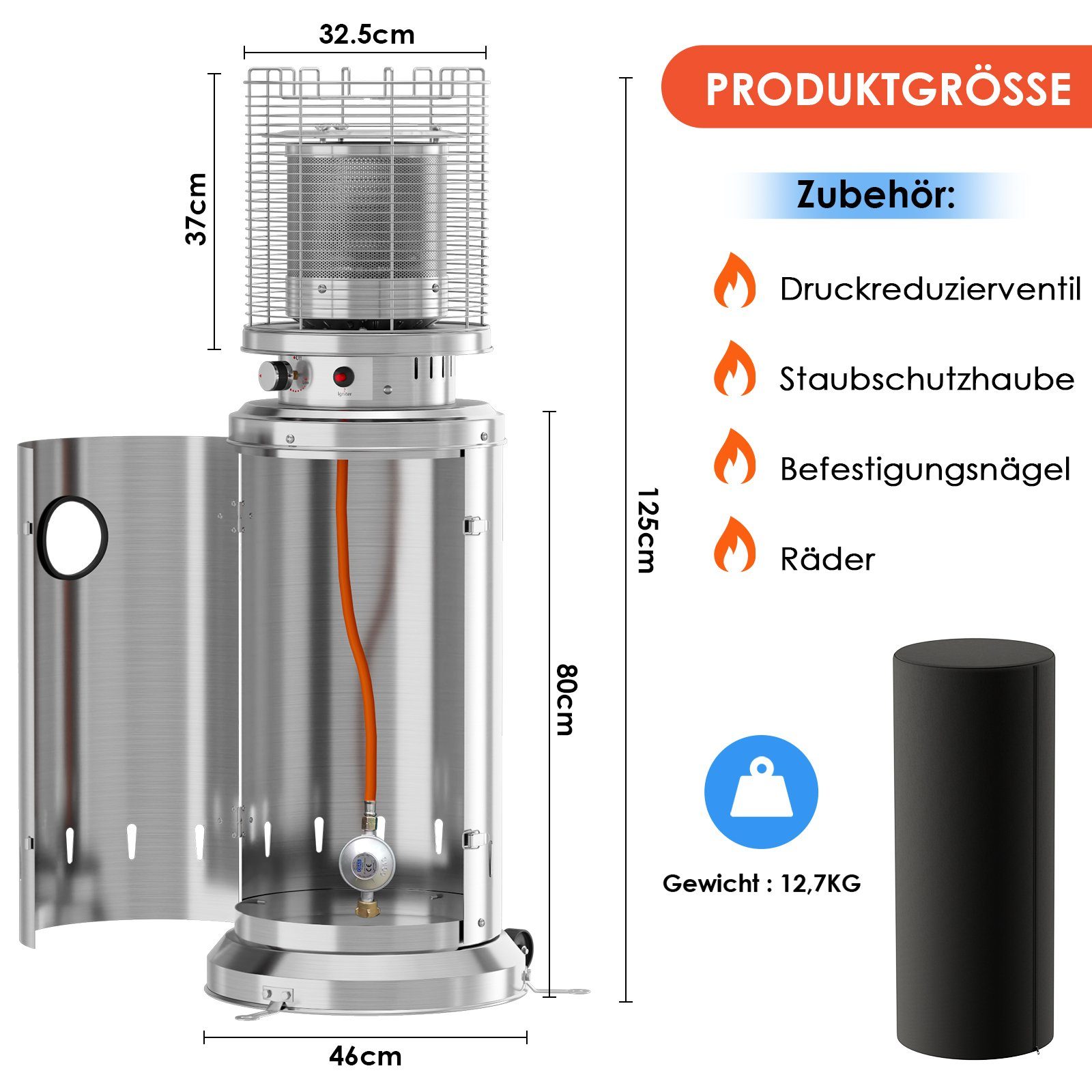 TLGREEN Schutzhülle, Gasheizstrahler, Edelstahl 6,5 kW Terrassenstrahler mit Heizstrahler,