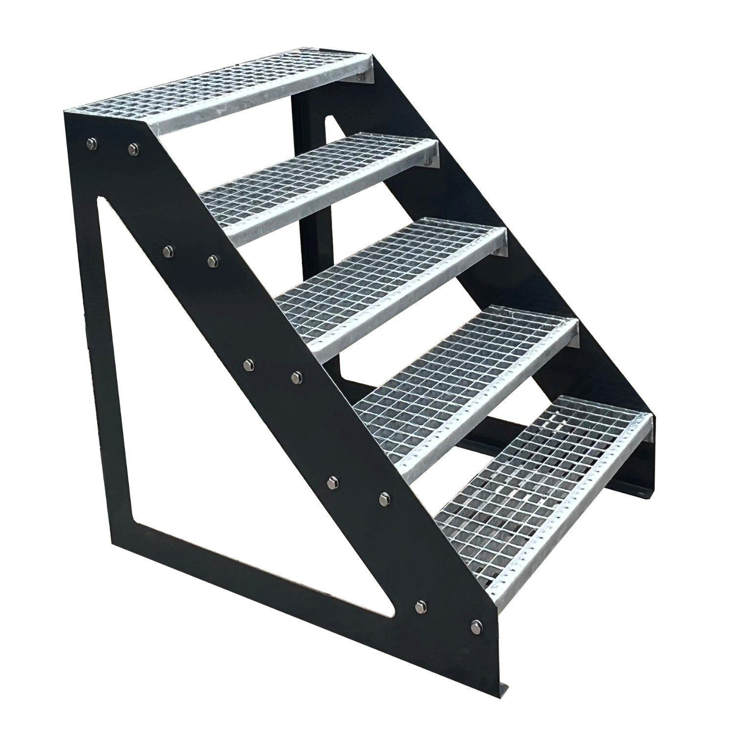 Kaminbau Mierzwa Außentreppe Premium Treppe Anthrazit mit oder ohne Geländer, für Geschosshöhen bis 95.00 cm, Stufen Gitterroststufen nach DIN 24531, (Höhe 95 cm, Stufenbreite und Geländerart wählbar), Gartentreppe Stahltreppe Wetterfest Rostfrei Feuer-Verzinkt Rutschfest