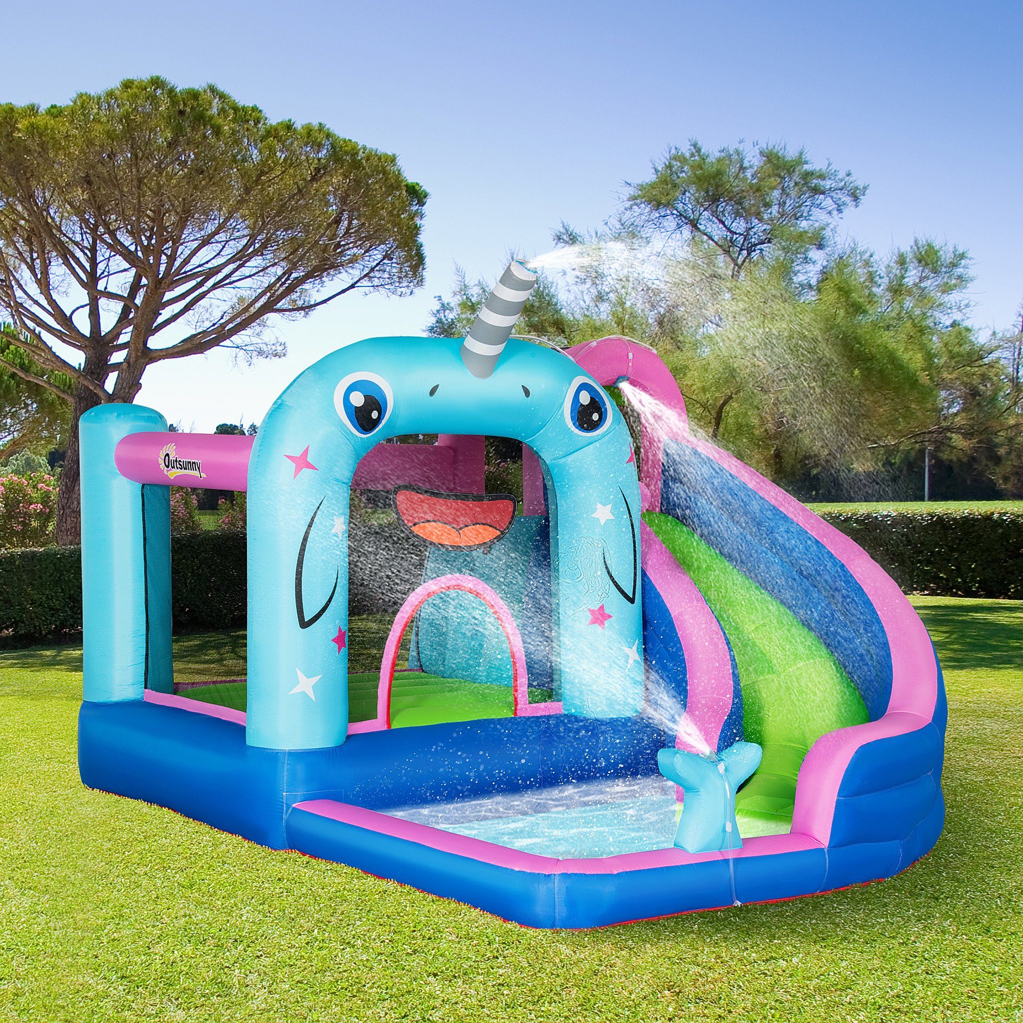 Outsunny Hüpfburg Wasserpark inkl. Sicherheitsnetz, Wasserrutsche Gebläse, (Wasserspielcenter, 1-tlg., Aufblasbare Spielburg), Für Kinder 3 bis 8 Jahre