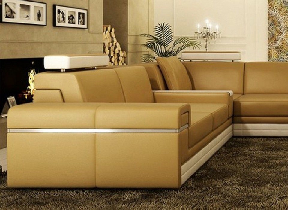 mit Beleuchtet, Weißes JVmoebel Beleuchtung Couch Braun/Beige Ledersofa Sofa Ecksofa Eck Sofa Design Modern Sofa Ecksofa U-Form