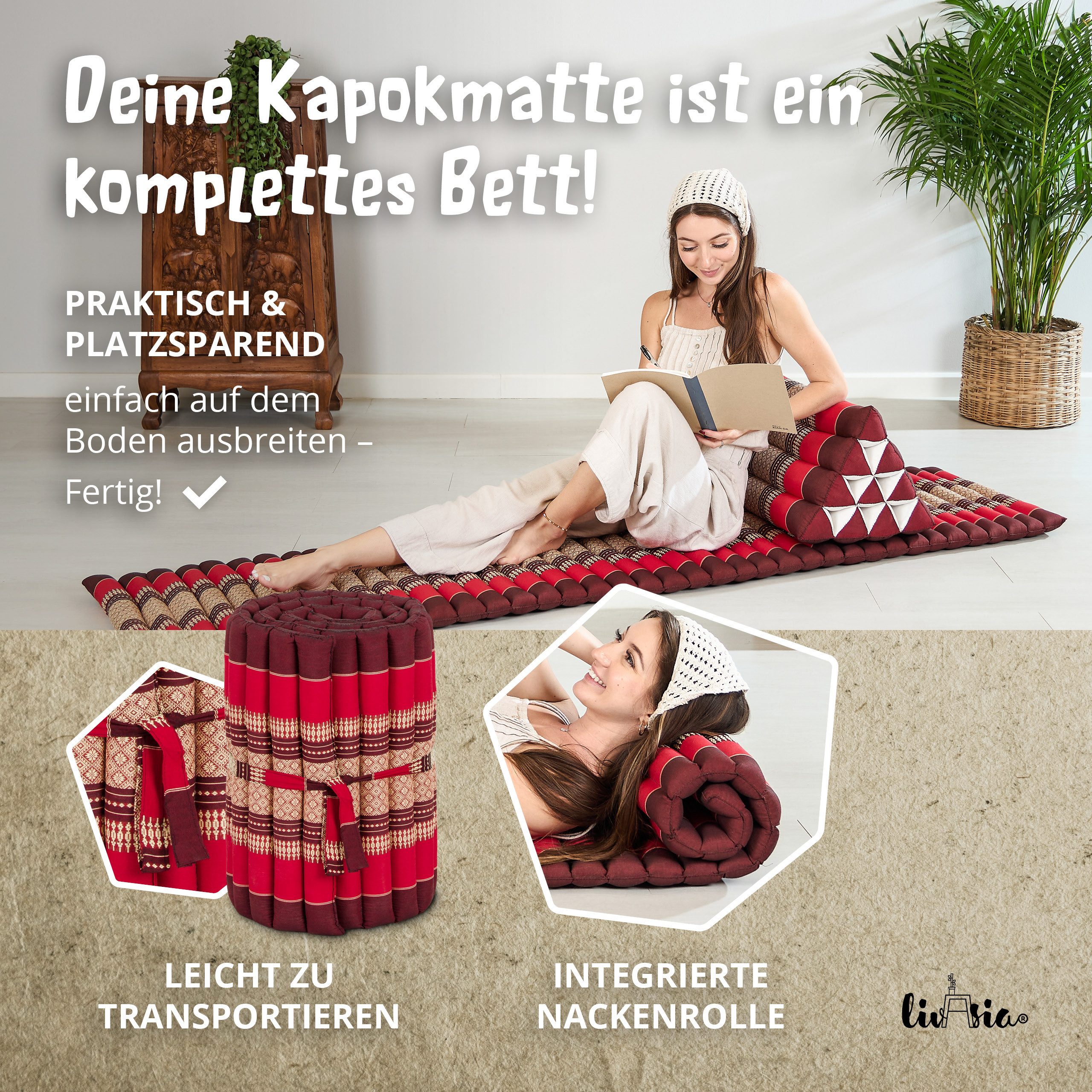 Reisebett-Matratzen Rollmatte 50 cm breit, vegan und handgefertigt, 210x50x4,5cm, livasia, 4,50 cm hoch, Kapok