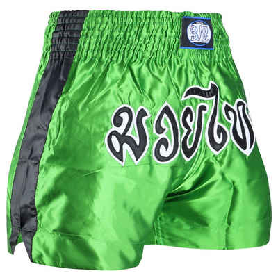 BAY-Sports Sporthose Muay Thai Kick Hose Shorts Thaiboxhose Thaiboxen MMA kurz Kickboxen (aufgenähter Schriftzug) kurze Hose, traditionell schwarz grün