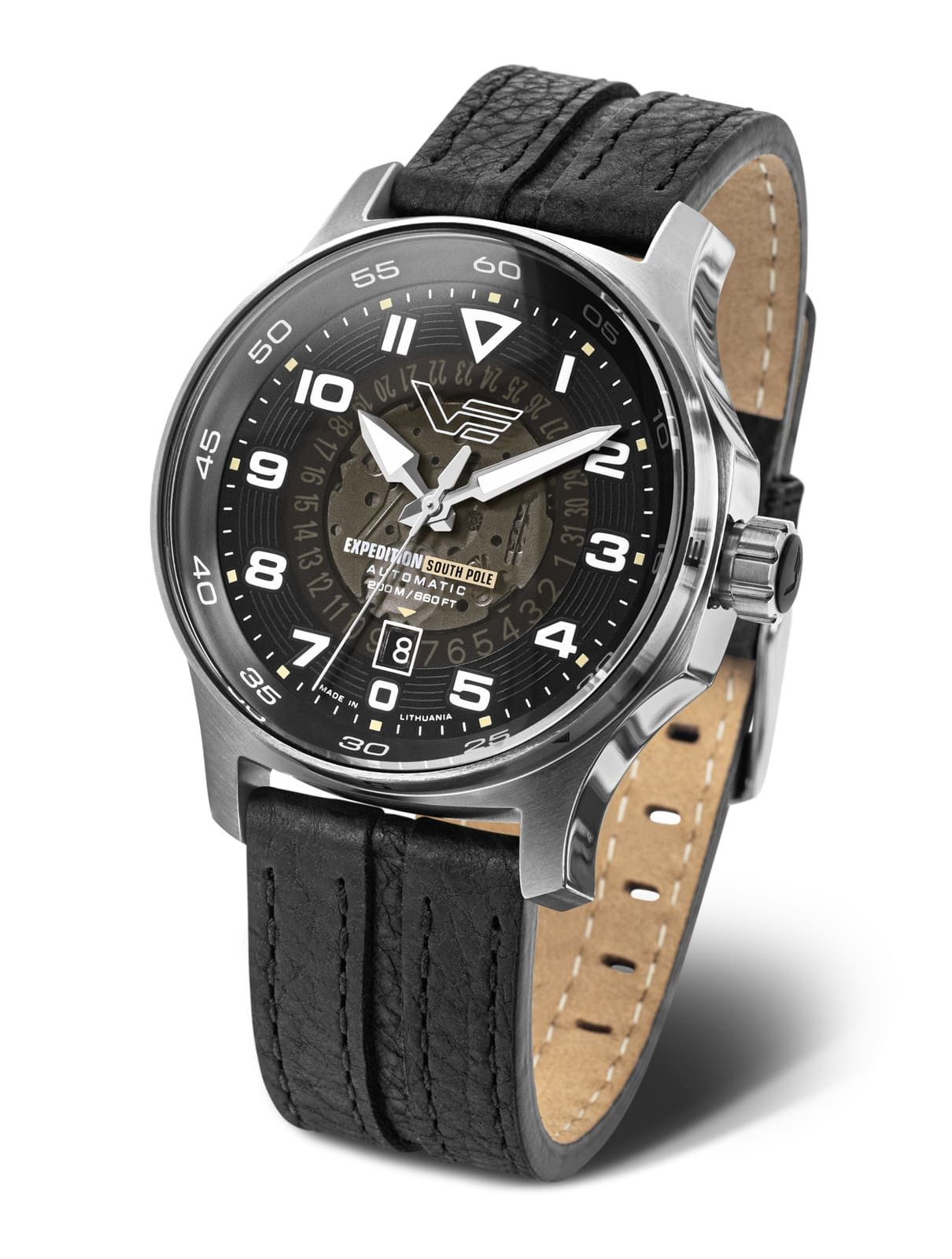 Vostok Europe Automatikuhr Expedition South Pole, 43 mm, schwarzes Zifferblatt, 592A758-L, schwarzes Lederband, Automatikwerk, wasserdicht 20 ATM