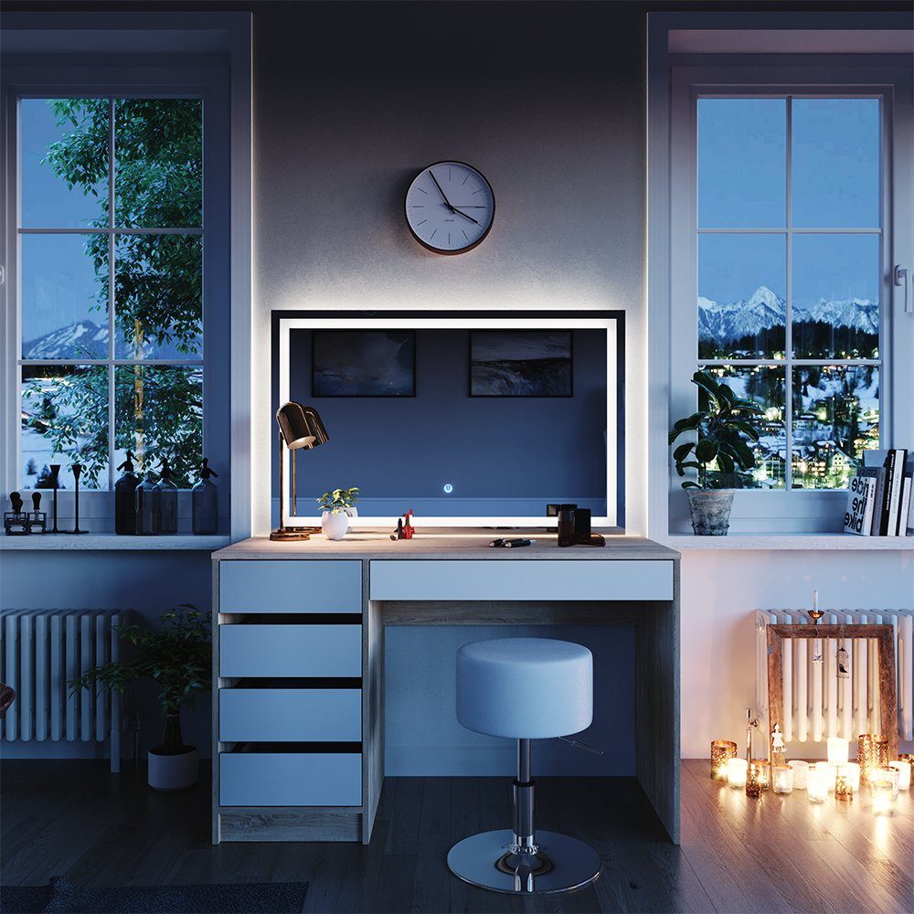 Schminktisch Sherry, Weiß/Sonoma, 120 cm mit LED-Spiegel und Hocker