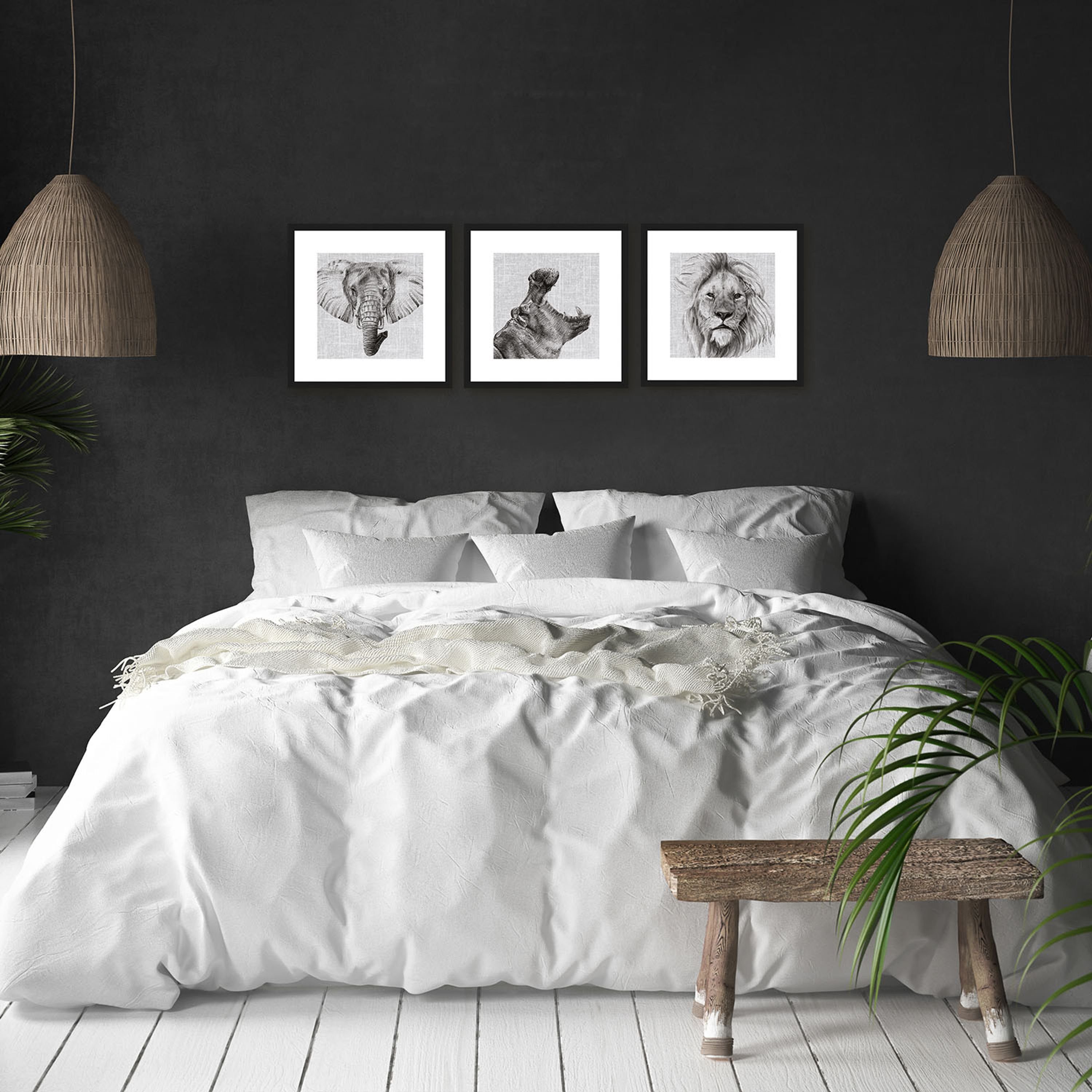 artissimo Bild mit Rahmen Bild Zeichnung: 30x30cm Schwarz-Weiß inkl. Nilpferd Design-Poster gerahmt / Wandbild, Holz-Rahmen 