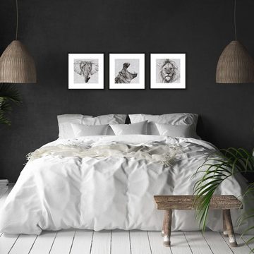 artissimo Bild mit Rahmen Bild gerahmt 30x30cm / Design-Poster inkl. Holz-Rahmen / Wandbild, Schwarz-Weiß Zeichnung: Löwe