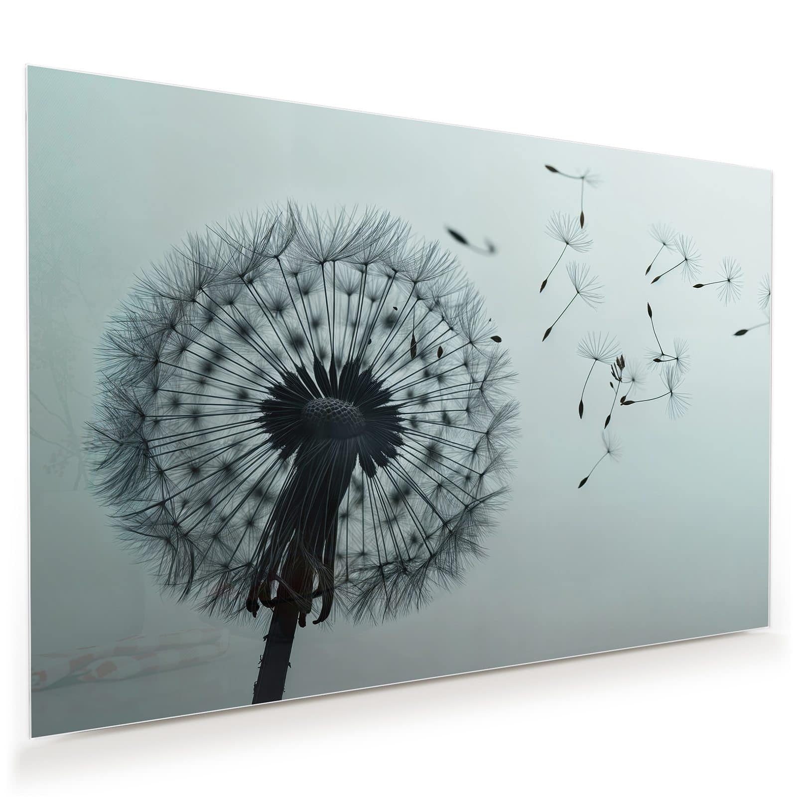 Glasbild Wandbild Pusteblume im Wind mit Aufhängung